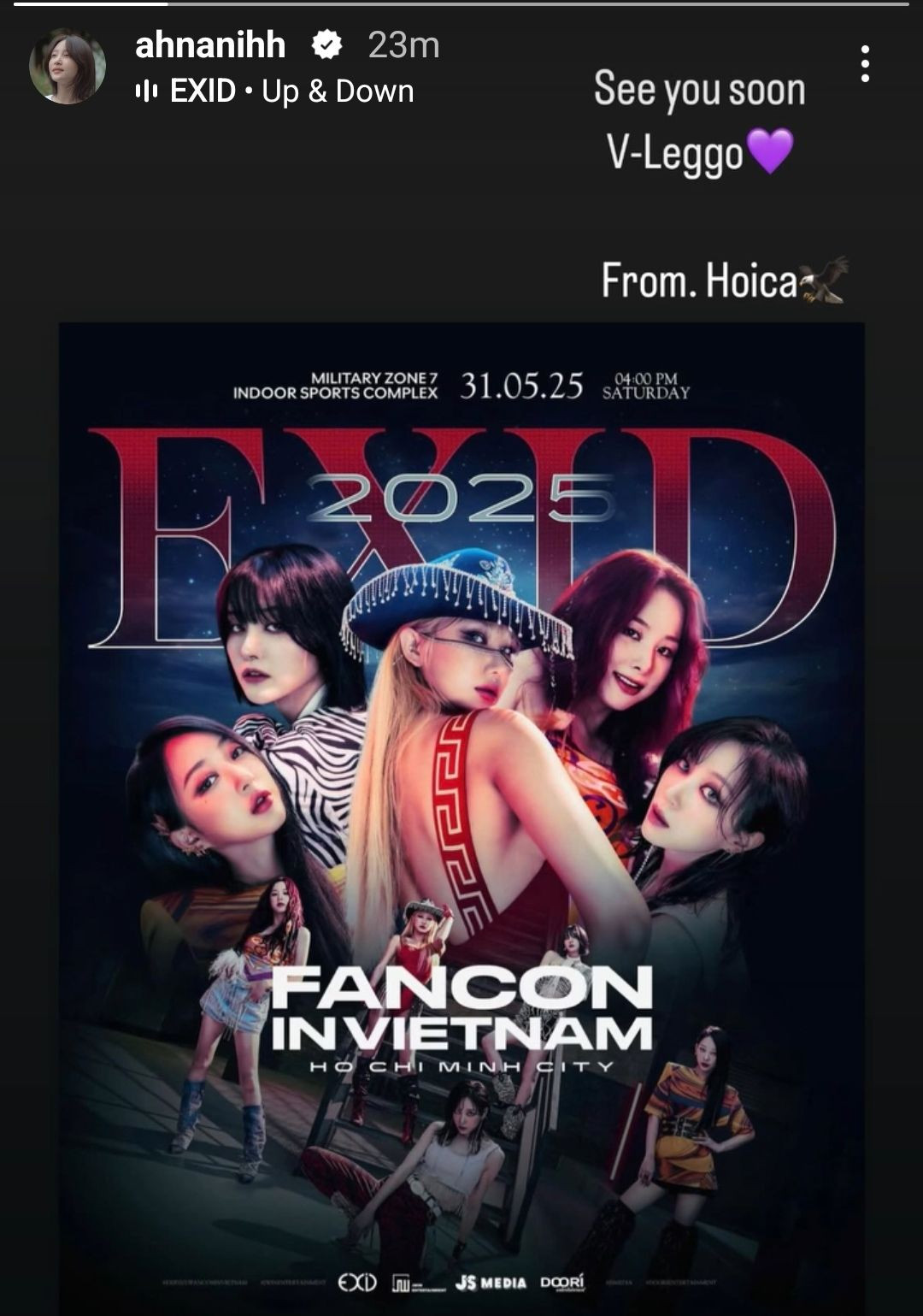 Khi thông tin về fancon tại Việt Nam được công bố, Hani đã đăng tải ảnh poster fancon kèm lời nhắn đầy đáng yêu và không quên ghi chú biệt danh fan Việt đặt cho mình: "See you soon V-Leggo. From. Hoica". Khi thông tin về fancon tại Việt Nam được công bố, Hani đã đăng tải ảnh poster fancon kèm lời nhắn đầy đáng yêu và không quên ghi chú biệt danh fan Việt đặt cho mình: "See you soon V-Leggo. From. Hoica".