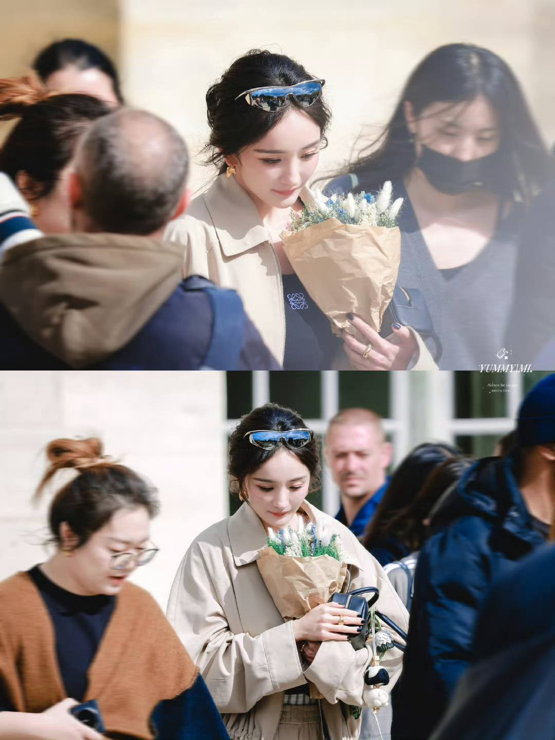 Dương Mịch ôm bó hoa từ fan, nước vào show diễn.