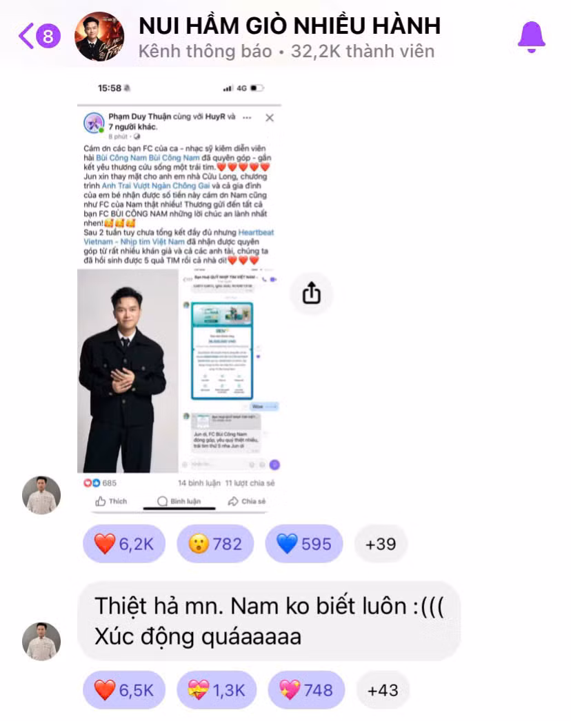 FC của "anh tài" Bùi Công Nam đã quyên góp 35 triệu đồng. Đáp lại người hâm mộ, nam nhạc sĩ cũng ủng hộ 15 triệu đồng cho Quỹ.