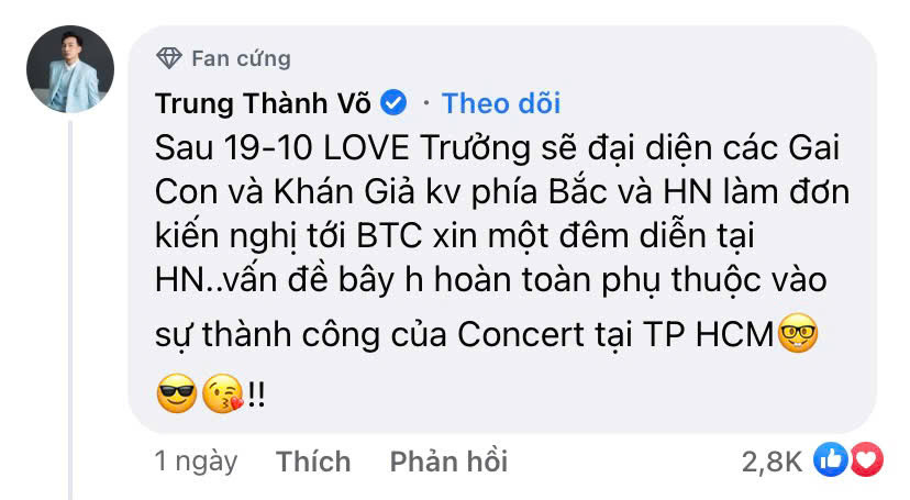 Lớp trưởng của dàn "anh tài" - MC Thành Trung hứa rằng sẽ đại diện cho Gai Con (cộng đồng người hâm mộ chương trình) làm đơn xin tổ chức buổi hòa nhạc tại Thủ đô. Lớp trưởng của dàn "anh tài" - MC Thành Trung hứa rằng sẽ đại diện cho Gai Con (cộng đồng người hâm mộ chương trình) làm đơn xin tổ chức buổi hòa nhạc tại Thủ đô.