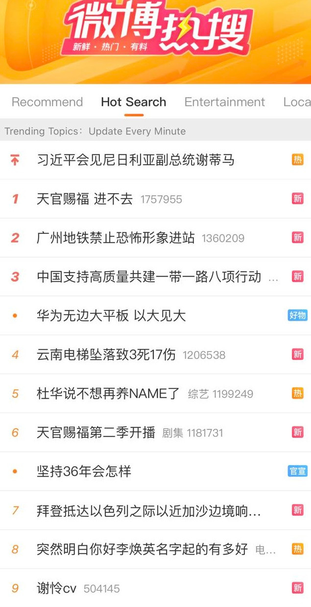 3 Hot Search trên bảng chung Weibo liên quan đến Thiên Quan Tứ Phúc lần lượt là &quot;Không vào xem được Thiên Quan Tứ Phúc&quot; (top 1), &quot;Thiên Quan Tứ Phúc mùa 2 lên sóng&quot; (top 6), và &quot;CV (character voice - người lồng tiếng) Tạ Liên&quot; (top 9).