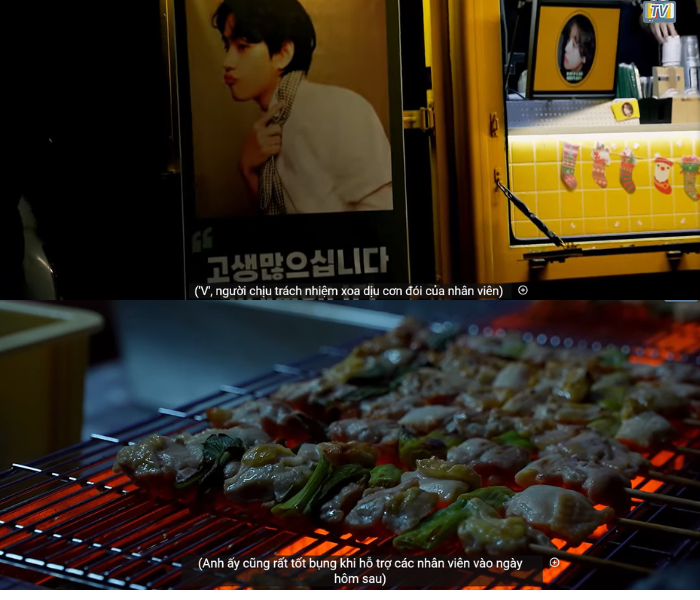 V là người đã cung cấp xe tải cà phê và đồ ăn trong suốt hai ngày quay cho ê-kíp thực hiện MV. V là người đã cung cấp xe tải cà phê và đồ ăn trong suốt hai ngày quay cho ê-kíp thực hiện MV.