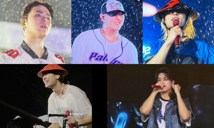 Các chàng trai iKON vẫn tràn đầy nhiệt huyết dù cả người ướt sũng vì mưa lớn.