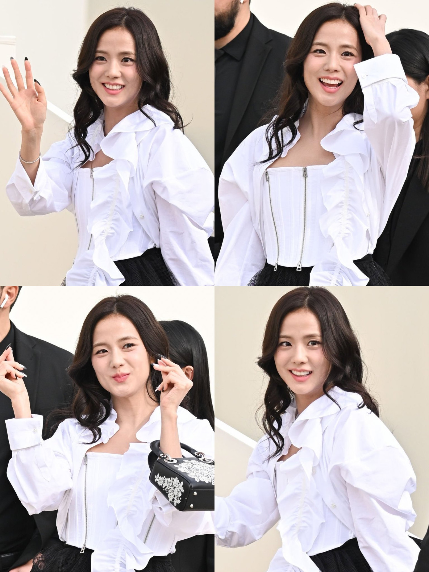 Jisoo rạng rỡ với nụ cười tươi tắn, cô thân thiện vẫy chào người hâm mộ.