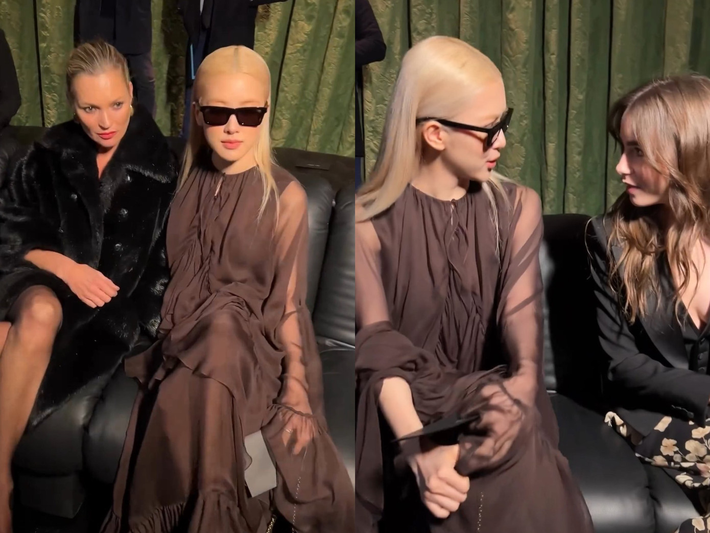 Cô ngồi hàng ghế đầu cùng nữ diễn viên Lily Collins và Kate Moss, cả 3 tương tác rất vui vẻ.