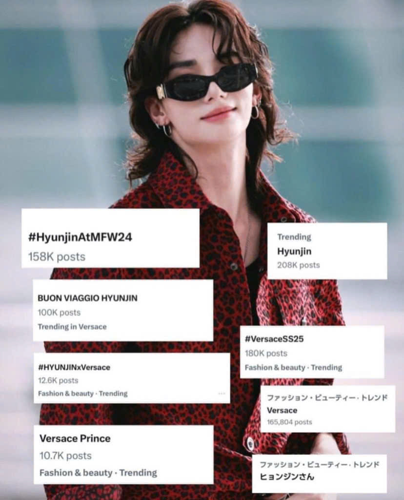 Các từ khóa về Hyunjin làm mưa làm gió trên mạng xã hội X (Twitter) trong thời gian diễn ra sự kiện của Versace.