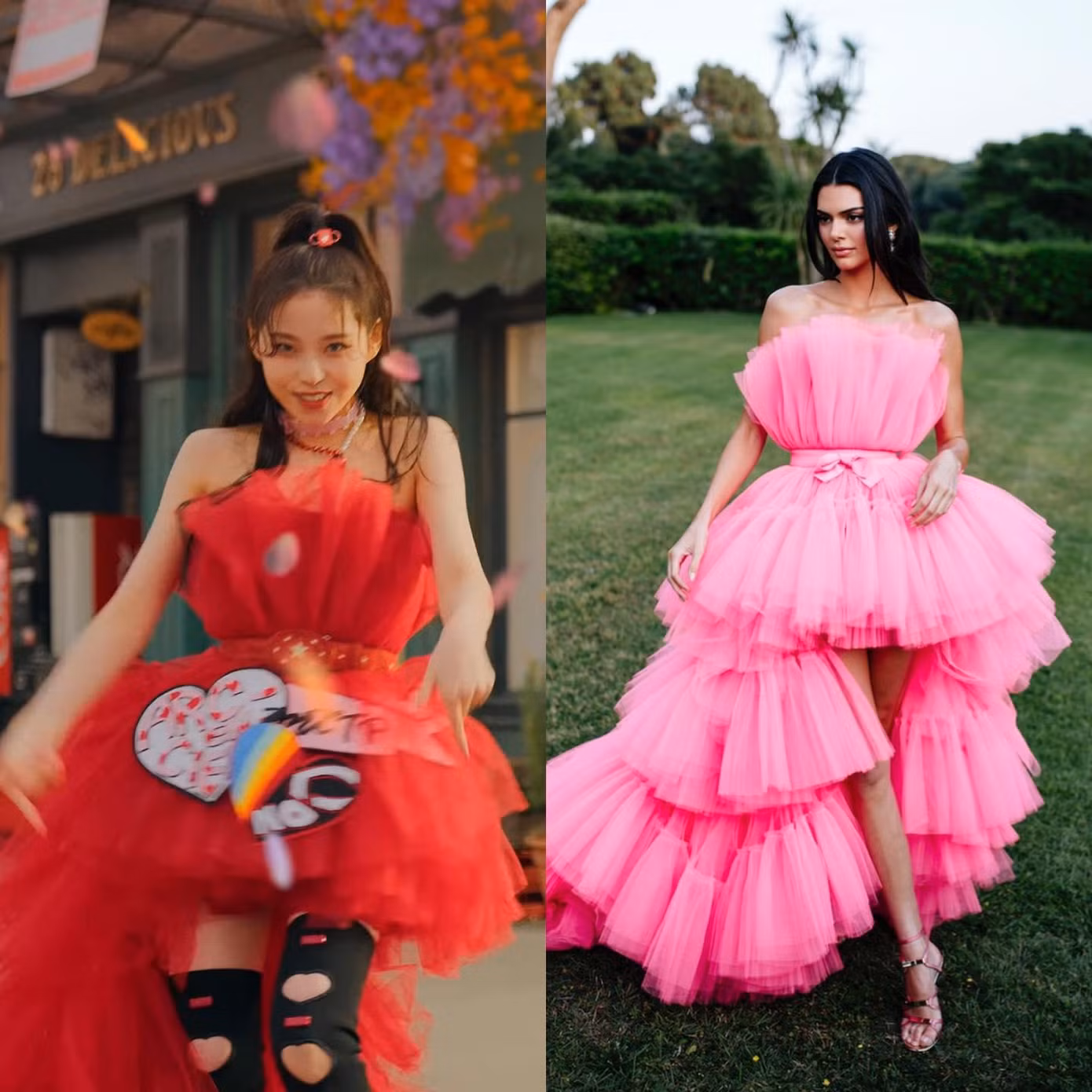 Bộ váy của Kyujin (trái) có nét tương đồng với thiết kế của thương hiệu Giambattista Valli x H&amp;M. Bộ váy đã từng được Kendall Jenner (phải) diện cách đây vài năm.