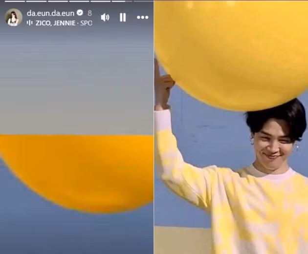 Ngoài ra, nữ diễn viên còn đăng video với một quả bóng màu vàng, hệt như đạo cụ mà Jimin từng dùng trước đó.