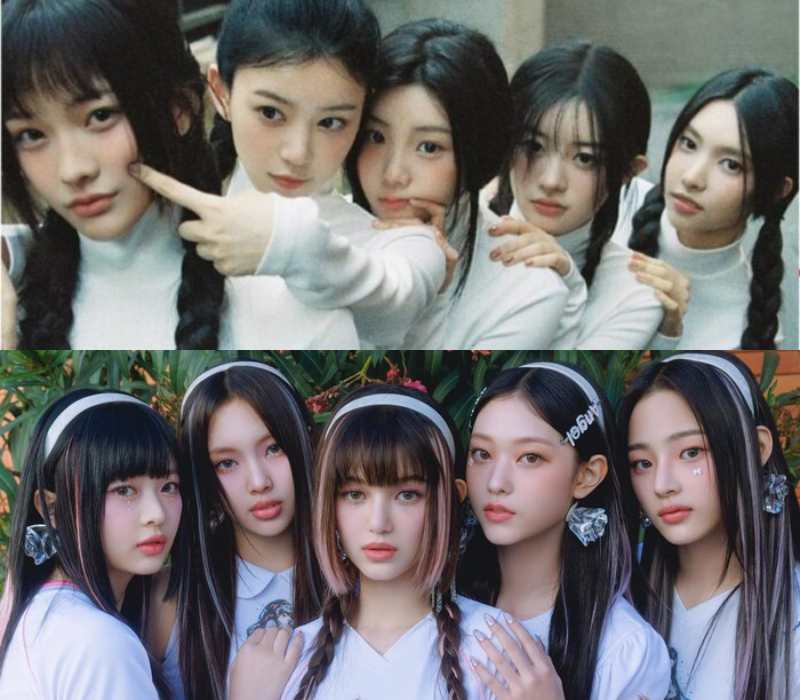 ILLIT (ảnh trên) bị cho là đạo nhái NewJeans (ảnh dưới) theo ADOR. ILLIT (ảnh trên) bị cho là đạo nhái NewJeans (ảnh dưới) theo ADOR.