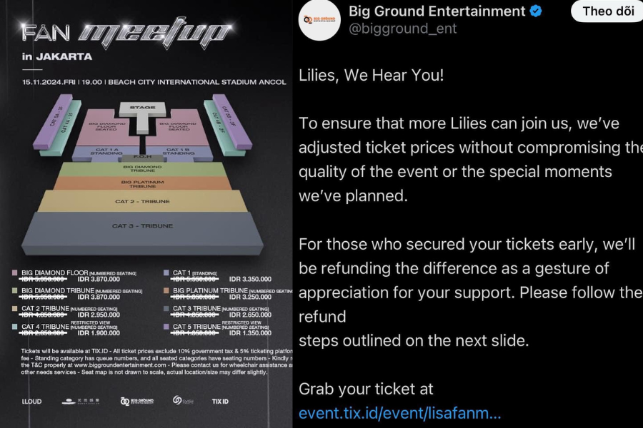 Hạng vé đắt nhất trước đó là khoảng 10 triệu đồng, sau khi điều chỉnh giảm xuống con số 6.300.000 VNĐ. Những fan đã mua vé trước đó sẽ được phía công ty hoàn trả tiền.