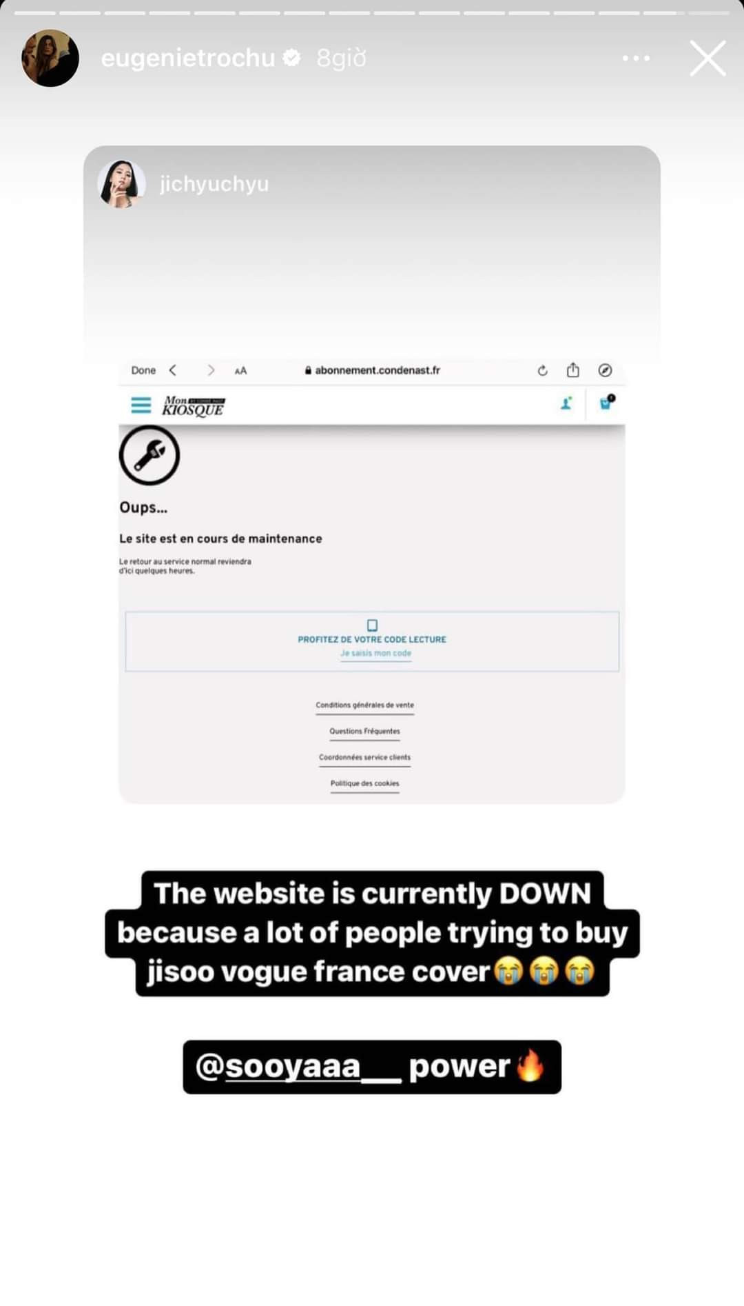 Khi website phát hành bị sập, Trưởng ban biên tập nội dung của Vogue Pháp đã đăng Story cảm thán về sức ảnh hưởng quá mạnh mẽ của Jisoo. Khi website phát hành bị sập, Trưởng ban biên tập nội dung của Vogue Pháp đã đăng Story cảm thán về sức ảnh hưởng quá mạnh mẽ của Jisoo.