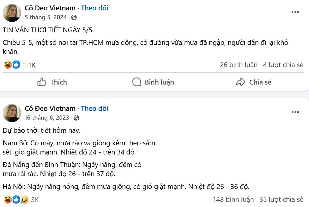 Cô Đeo Vietnam có những bài đăng dự báo thời tiết. Cô Đeo Vietnam có những bài đăng dự báo thời tiết.