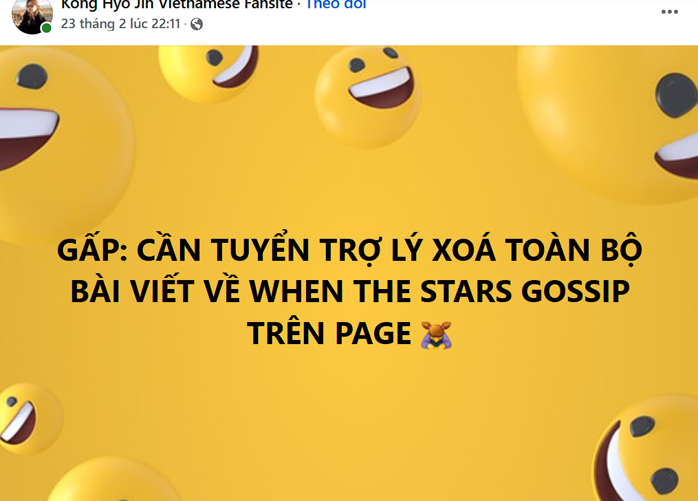 Vì bày tỏ quá nhiều bài viết về sự ức chế với When The Stars Gossip, admin page đùa rằng sẽ quyết định tuyển trợ lý để xóa bài. Vì bày tỏ quá nhiều bài viết về sự ức chế với When The Stars Gossip, admin page đùa rằng sẽ quyết định tuyển trợ lý để xóa bài.