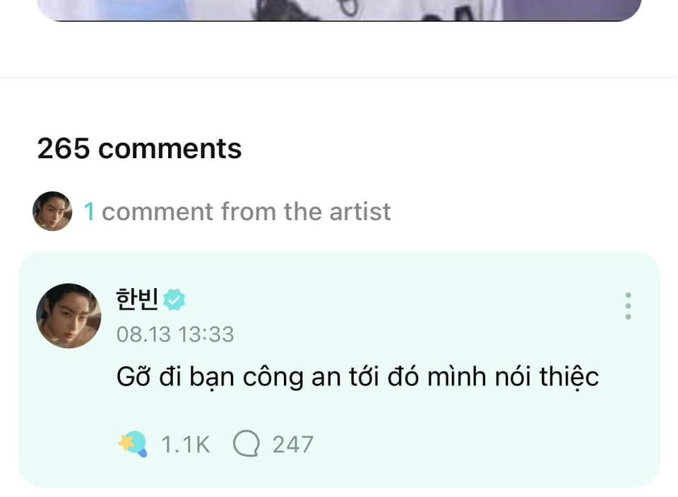 Hanbin "đe dọa" người hâm mộ bằng dòng bình luận đầy hài hước, đây cũng là câu nói được nhiều cư dân mạng Việt Nam thường xuyên sử dụng trên mạng xã hội. Hanbin "đe dọa" người hâm mộ bằng dòng bình luận đầy hài hước, đây cũng là câu nói được nhiều cư dân mạng Việt Nam thường xuyên sử dụng trên mạng xã hội.