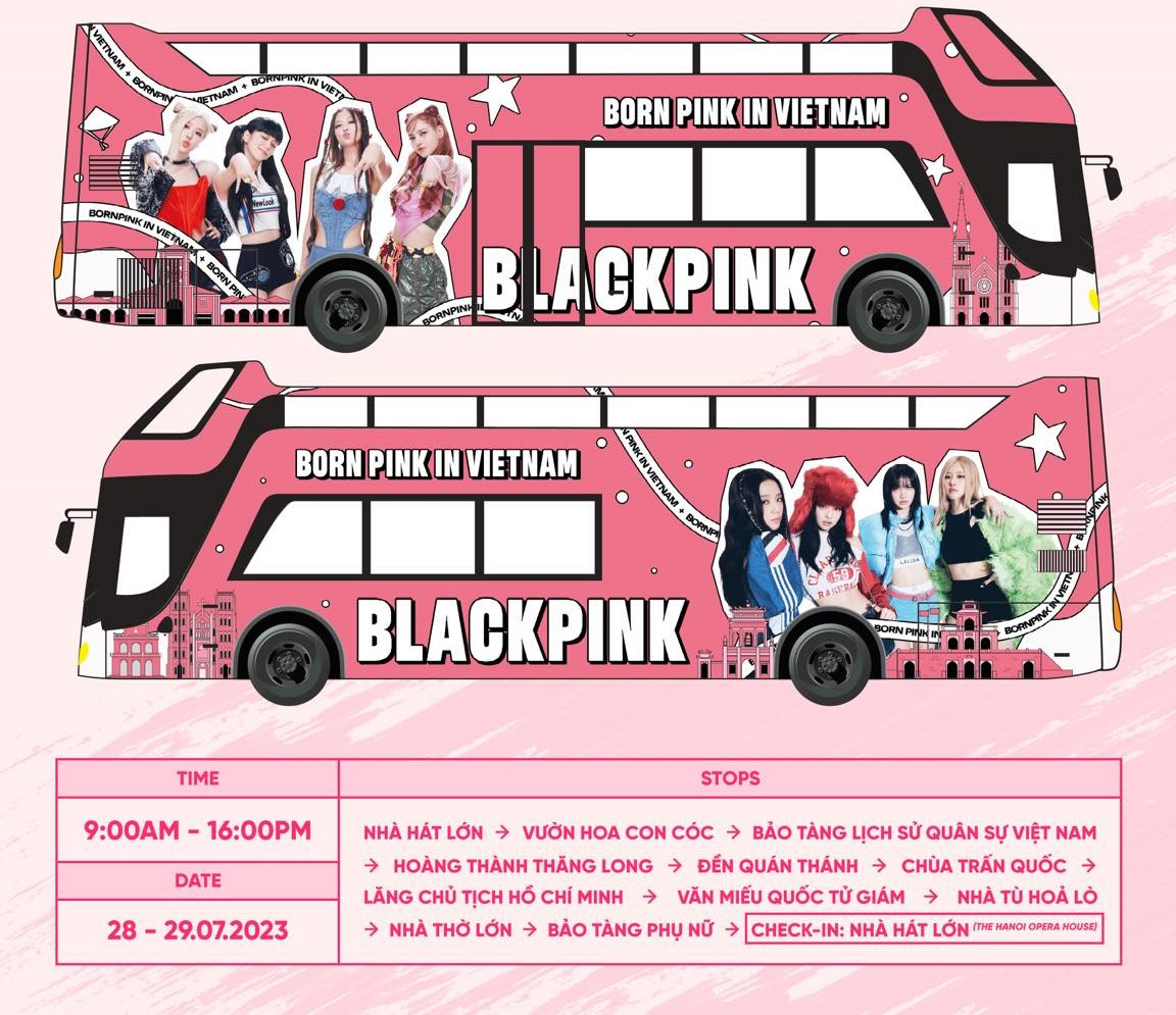 Toàn cảnh thiết kế chiếc xe bus được trang trí bằng hình ảnh BLACKPINK và một số hình ảnh các địa danh nổi tiếng của Việt Nam. - Nguồn: BLACKPINK Vietnam FC