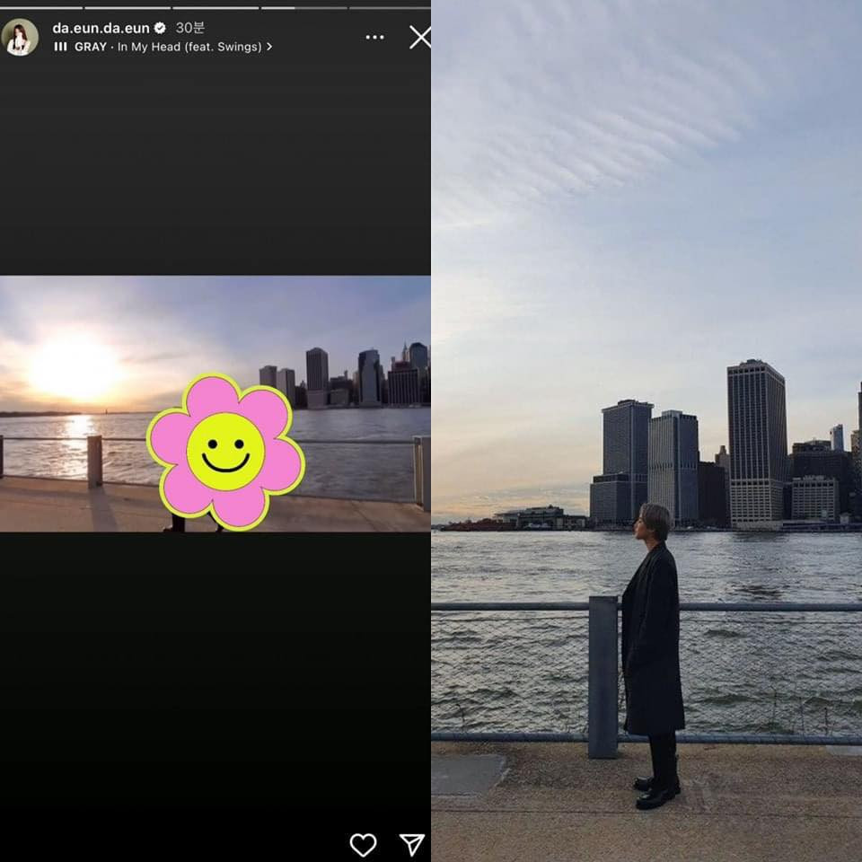Da Eun đăng video quay một người đang đi dạo bên bờ sông. Tuy cô đã che người đó nhưng netizen đã nhanh chóng nhận ra sự tương đồng về bối cảnh với tấm ảnh mà V từng chụp Jimin vào năm 2021. Da Eun đăng video quay một người đang đi dạo bên bờ sông. Tuy cô đã che người đó nhưng netizen đã nhanh chóng nhận ra sự tương đồng về bối cảnh với tấm ảnh mà V từng chụp Jimin vào năm 2021.