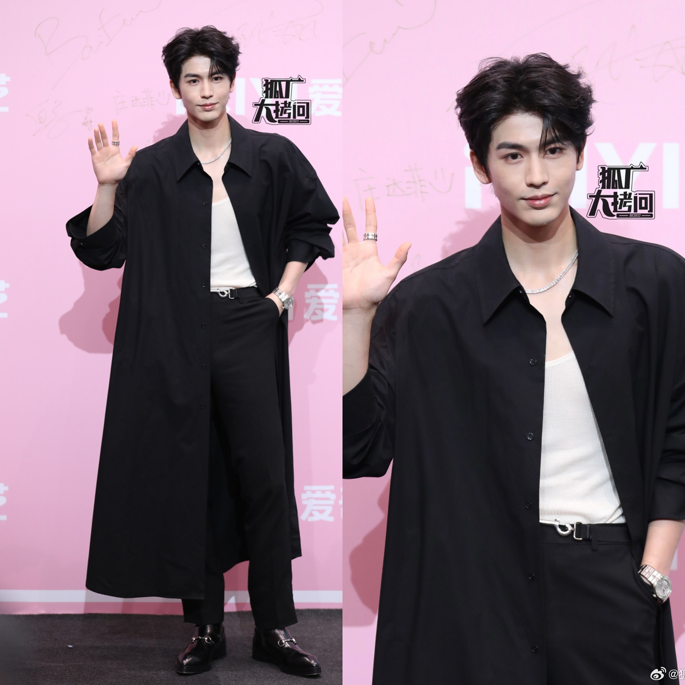 Cùng diện đồ tông đen nhưng outfit của Trương Lăng Hách có phần thoải mái, phóng khoáng hơn với áo khoác dài, tuy đơn giản nhưng vẫn "đốn gục" trái tim người hâm mộ vì quá điển trai.