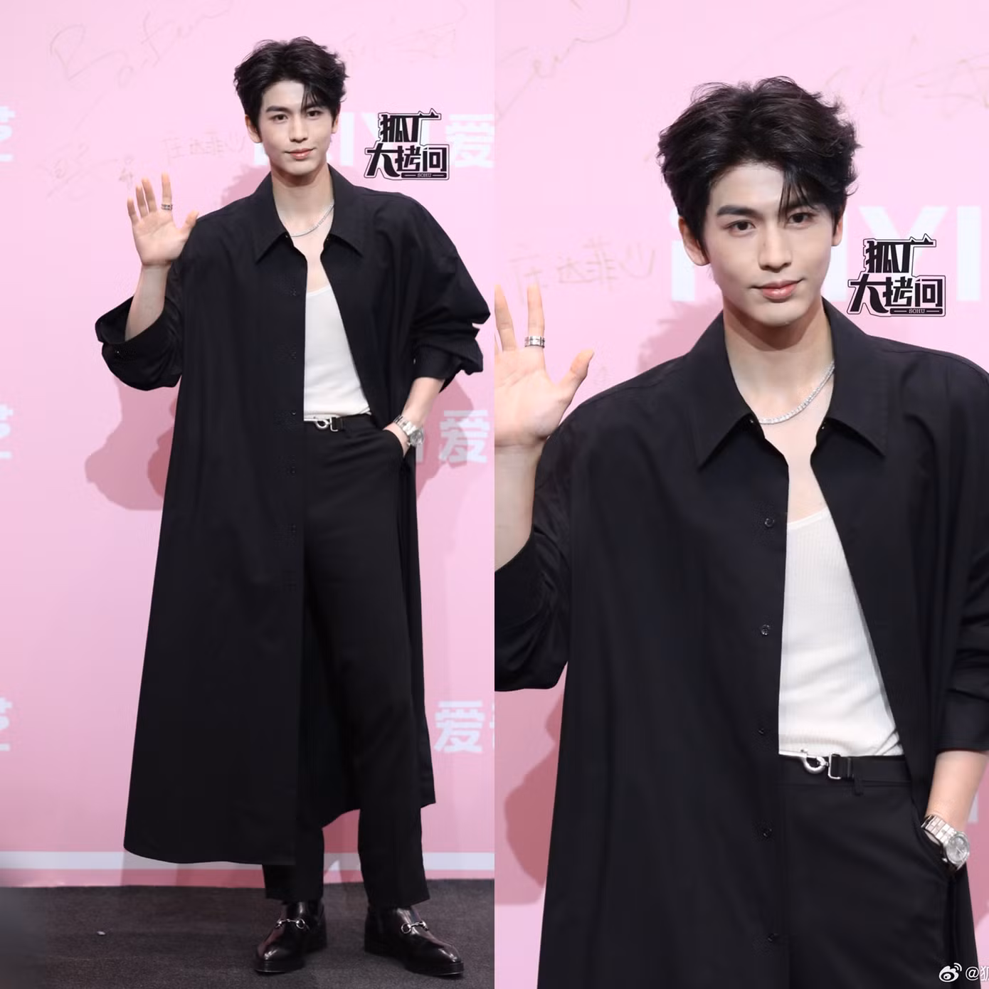 Cùng diện đồ tông đen nhưng outfit của Trương Lăng Hách có phần thoải mái, phóng khoáng hơn với áo khoác dài, tuy đơn giản nhưng vẫn "đốn gục" trái tim người hâm mộ vì quá điển trai.
