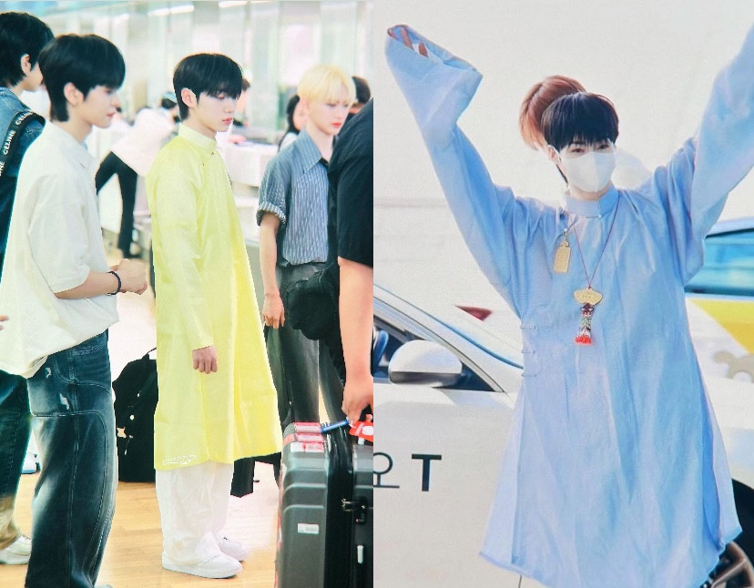 Hanbin và Hyeongseop trong trang phục truyền thống của Việt Nam.