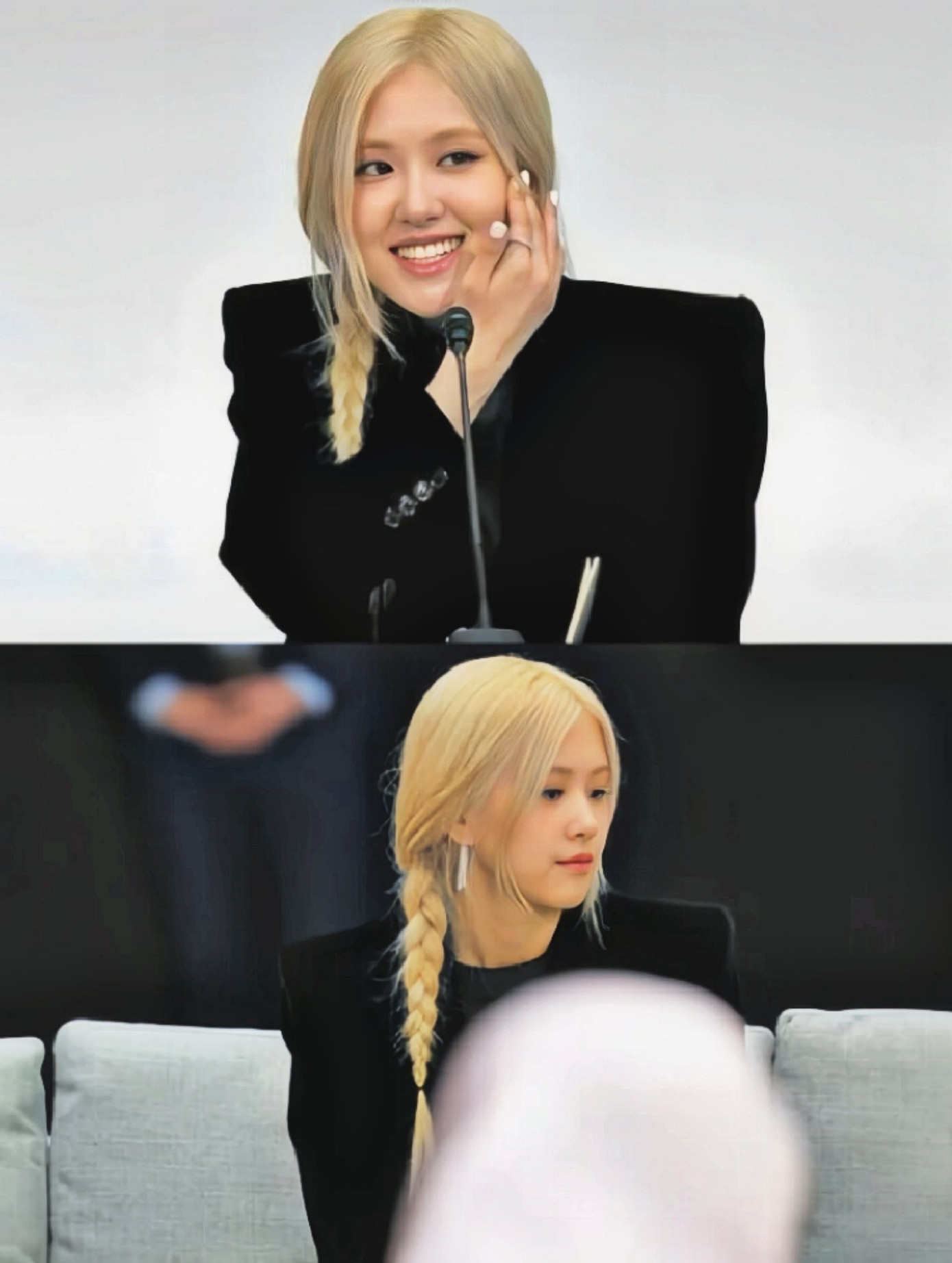 Nữ ca sĩ xuất hiện trong chiếc áo vest của YSL cùng mái tóc vàng được tết gọn, đơn giản nhưng mang đậm nét cá nhân của Rosé.