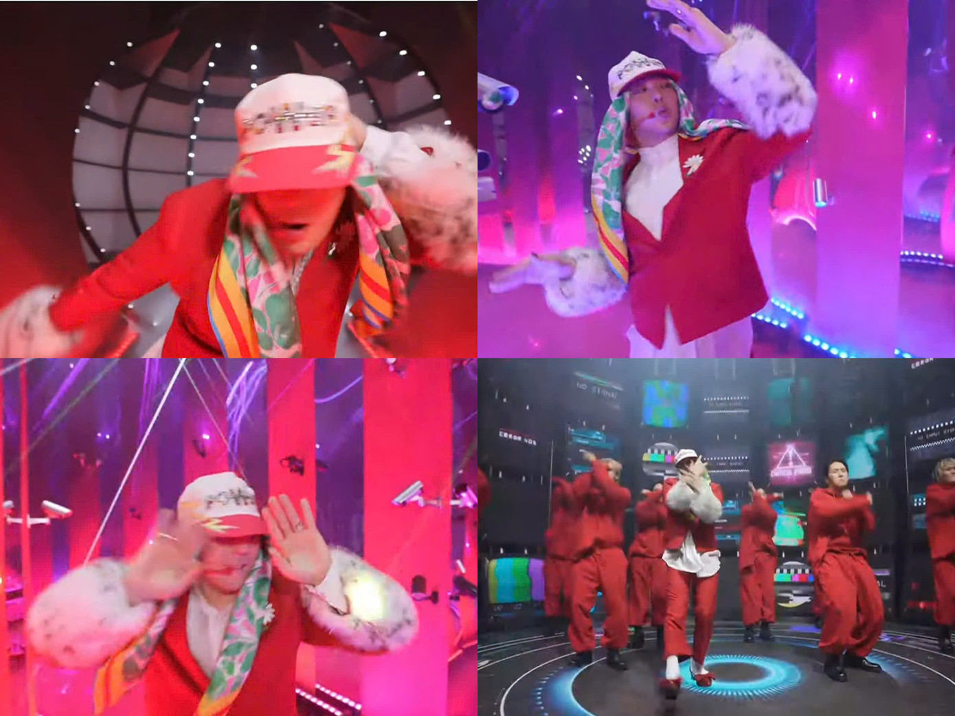 Tạo hình đầu tiên của G-Dragon cho POWER, anh chàng mặc cây đỏ kết hợp với mũ lưỡi trai và phụ kiện khăn choàng cổ họa tiết hoa quen thuộc.