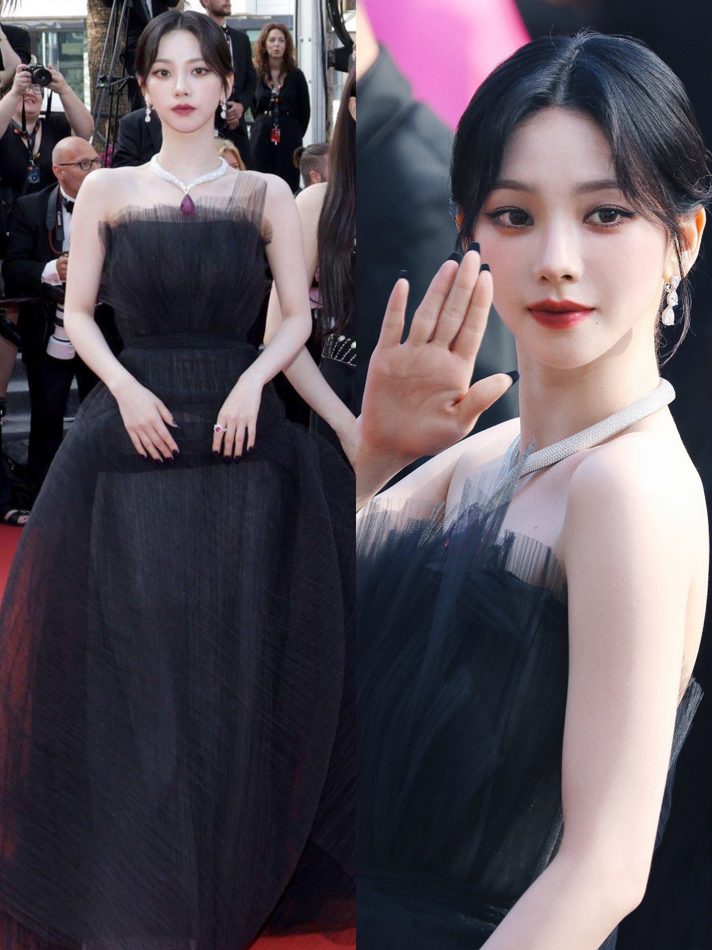 Trưởng nhóm Karina được ví von như nàng thiên nga đen đầy quý phái trên thảm đỏ bên cạnh chiếc vòng cổ kim cương nằm trong bộ sưu tập Red Carpet Collection 2014.