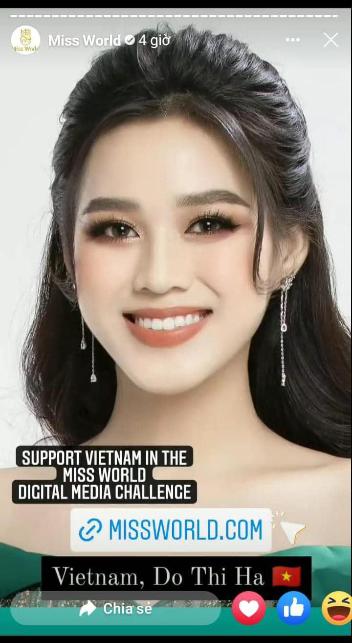 Trang chủ Miss World đăng ảnh Đỗ Thị Hà, kêu gọi khán giả bình chọn cho đại diện Việt Nam trong phần thi Digital Media Challenge.