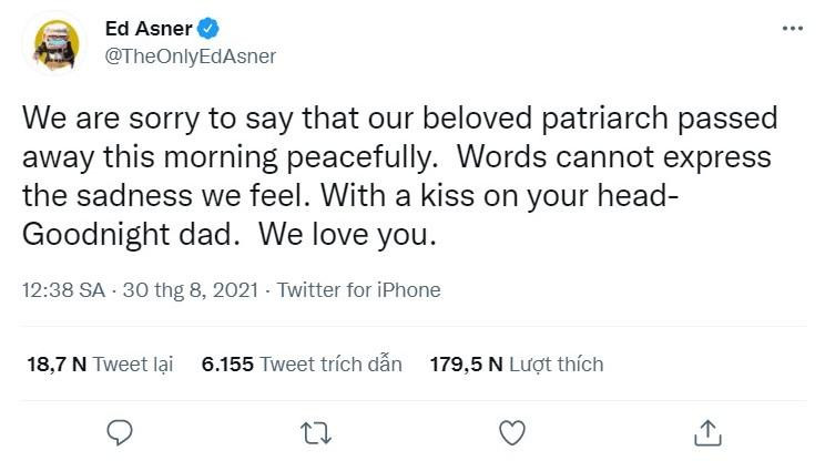 Lời thông báo tin buồn được chia sẻ bởi gia đình Ed Asner. (Ảnh: Internet)