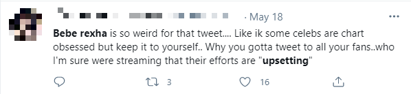 "Bebe Rexha hơi kì khi đăng bài viết đó. Tôi biết là nhiều nghệ sĩ rất ám ảnh việc leo chart nhưng nên giữ điều đó trong lòng. Sao bạn có thể đăng tweet nói rằng "thất vọng" trong khi các fan của bạn luôn ủng hộ hết mình chứ?" "Bebe Rexha hơi kì khi đăng bài viết đó. Tôi biết là nhiều nghệ sĩ rất ám ảnh việc leo chart nhưng nên giữ điều đó trong lòng. Sao bạn có thể đăng tweet nói rằng "thất vọng" trong khi các fan của bạn luôn ủng hộ hết mình chứ?"