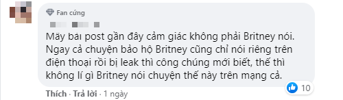 Một người dùng mạng xã hội nêu quan điểm rằng: Những lời này có lẽ không phải của Britney. Một người dùng mạng xã hội nêu quan điểm rằng: Những lời này có lẽ không phải của Britney.