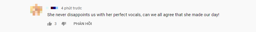 "Cô ấy chưa từng làm chúng ta thất vọng bởi giọng hát hoàn hảo. Hạnh phúc quá!" "Cô ấy chưa từng làm chúng ta thất vọng bởi giọng hát hoàn hảo. Hạnh phúc quá!"