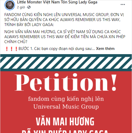 Hội nhóm fan hâm mộ của Lady Gaga yêu cầu làm rõ nghi vấn Văn Mai Hương sử dụng nhạc không bản quyền. Ảnh: FBNV