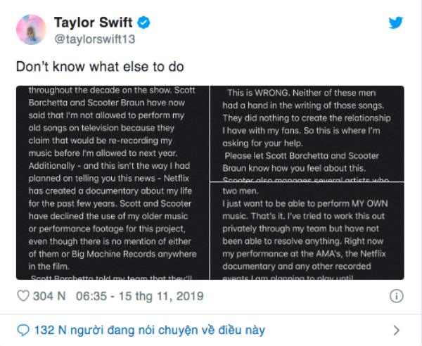 Taylor Swift từng đăng tâm thư trải lòng về vấn bản quyền âm nhạc trên mạng xã hội. Taylor Swift từng đăng tâm thư trải lòng về vấn bản quyền âm nhạc trên mạng xã hội.