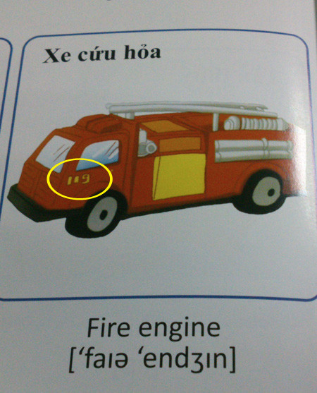 Hình ảnh minh họa xe cứu hỏa có số 119 là số cứu hỏa của Trung Quốc trong cuốn Tiếng Anh nhập môn (trang 42, tập 3)