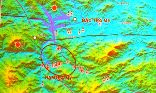 Sơ đồ đới đứt gãy địa chấn ở Bắc Trà My nơi có công trình thủy điện Sông Tranh 2. Ảnh: Nguyễn Thành