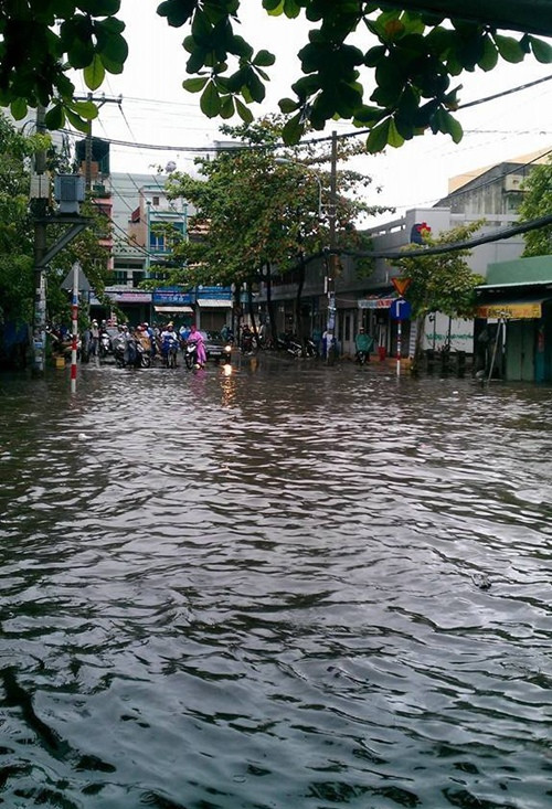 Dù áp thấp không thành bão, nhưng do ảnh hưởng rộng của hoàn lưu nên xuất hiện mưa lớn trên diện rộng. Sáng nay, 7/11, ở TP HCM, các quận như Bình Thạnh, quận 7, quận 11, Bình Chánh... đã ngập lai láng nước, khiến người dân khó đi lại trên những tuyến đường ngập sâu đến nửa mét. Ảnh: FB Hội Độc Thân