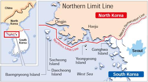 Đường giới hạn phía Bắc (NLL) màu đỏ. Ảnh: Korea Herald Đường giới hạn phía Bắc (NLL) màu đỏ. Ảnh: Korea Herald