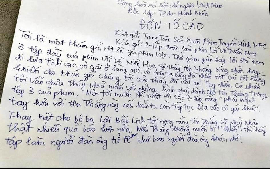 Phẫn nộ trước nhân vật Thắng, khán giả gửi đơn tố cáo tới đài truyền hình.