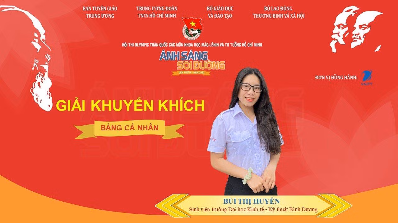 Bùi Thị Huyền, khoa Kế toán- Tài chính - Ngân hàng (ĐH Kinh tế - Kỹ thuật Bình Dương) giành giải Khuyến khích.