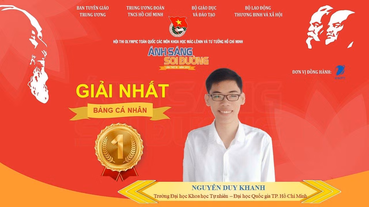 Thí sinh Nguyễn Duy Khanh, khoa Hóa học (ĐH Khoa học Tự nhiên – ĐHQG TPHCM) đạt giải Nhất với 289 điểm.