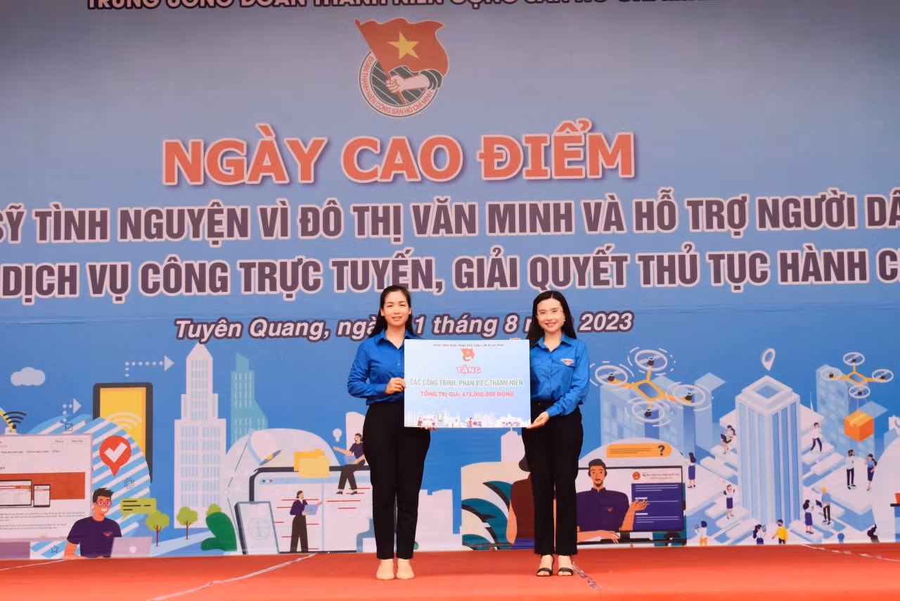 Chị Nguyễn Phạm Duy Trang (bên phải) trao biển tượng trưng các công trình, phần việc thanh niên của T.Ư Đoàn tặng tuổi trẻ, người dân tỉnh Tuyên Quang