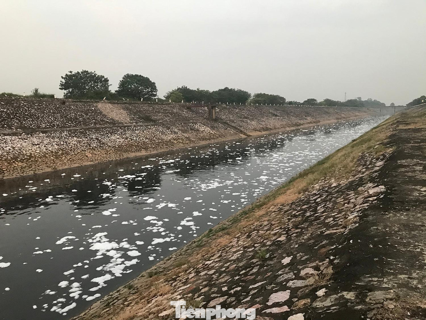 Lượng bọt trắng dày đặc trôi theo dòng nước, đổ thẳng ra sông Hồng. Ảnh: Trường Phong