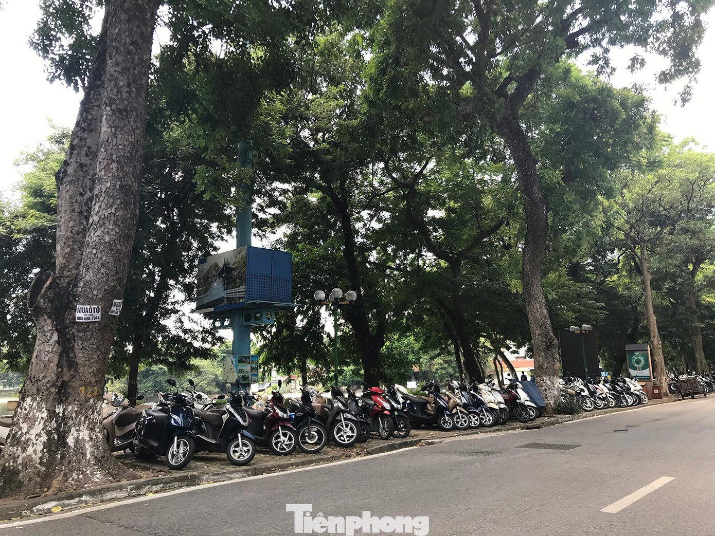 Vỉa hè bên hồ Thiền Quang (Hai Bà Trưng, Hà Nội) cũng bị chiếm dụng làm bãi đỗ xe. Ảnh: Trường Phong