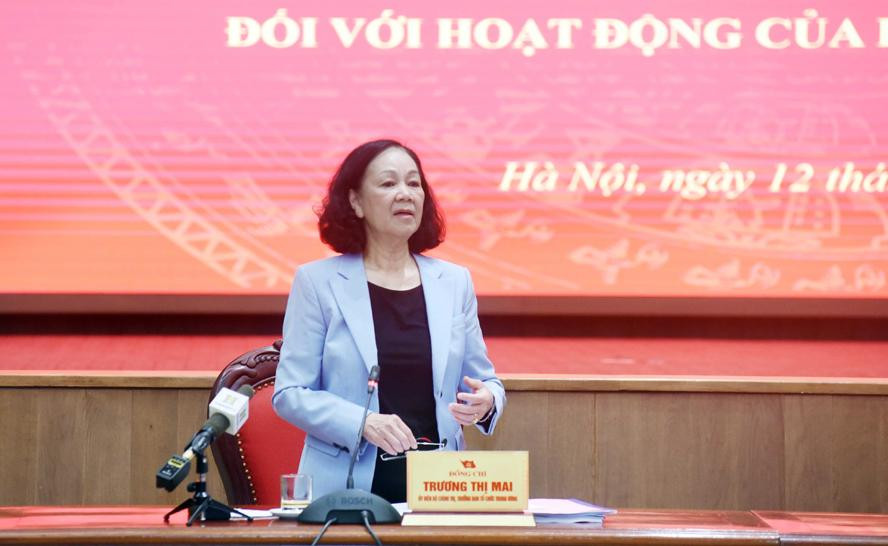 Trưởng Ban Tổ chức T.Ư Trương Thị Mai phát biểu tại cuộc làm việc. Ảnh: HNM Trưởng Ban Tổ chức T.Ư Trương Thị Mai phát biểu tại cuộc làm việc. Ảnh: HNM