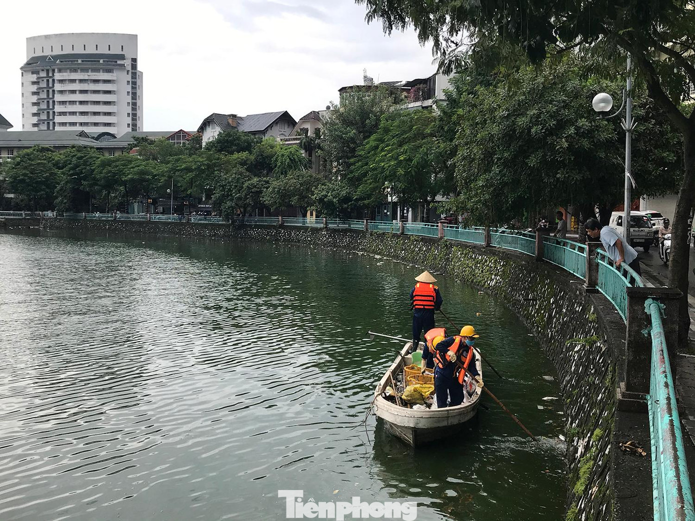 Nhiều tốp công nhân của Cty Thoát nước Hà Nội đi thuyền dọc bờ hồ Tây ven đường Nguyễn Đình Thi - Trích Sài để vớt cá chết. Ảnh: Trường Phong