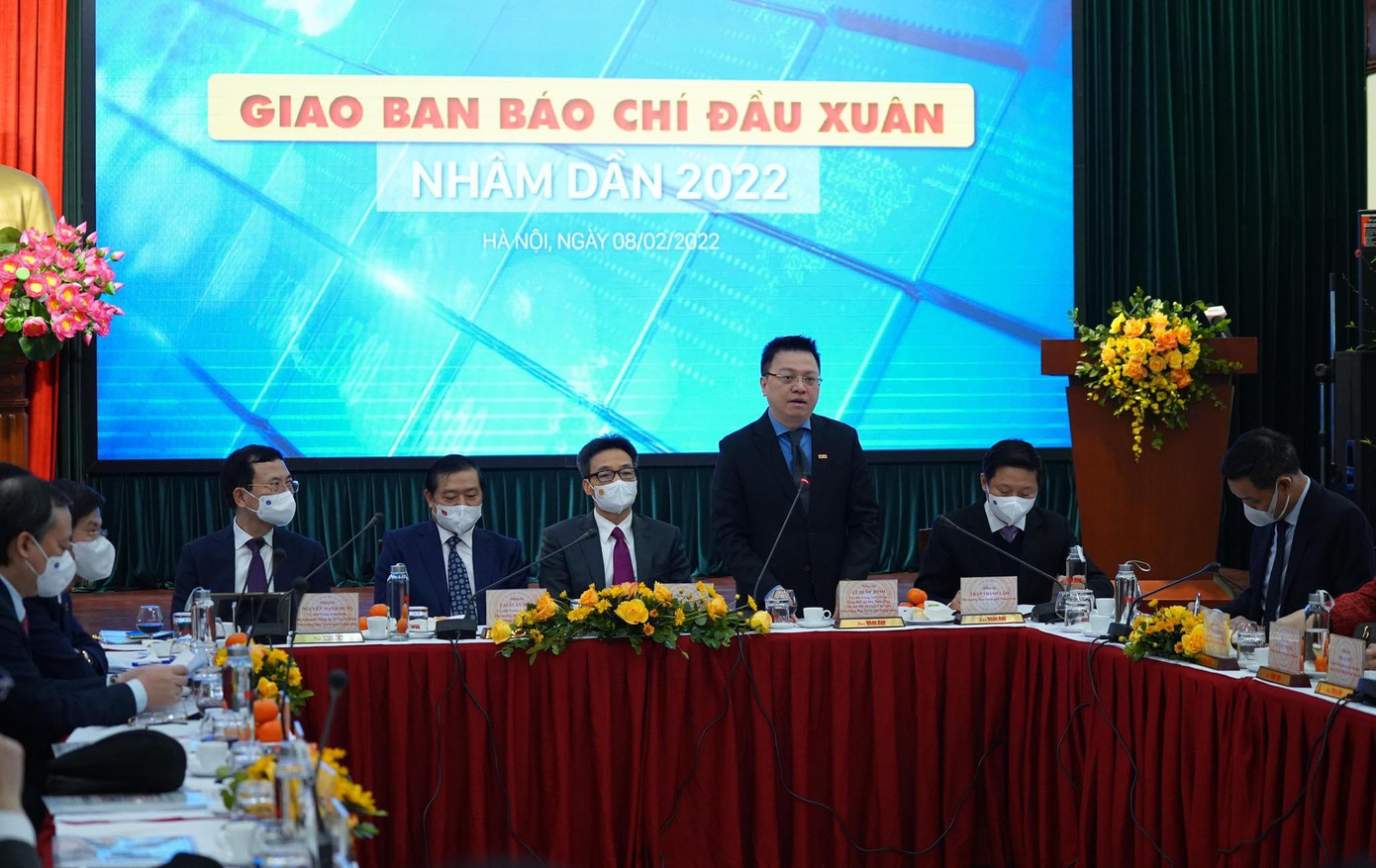 Chủ tịch Hội Nhà báo Việt Nam, Tổng Biên tập báo Nhân Dân, Phó Trưởng Ban Tuyên giáo T.Ư Lê Quốc Minh phát biểu tại hội nghị. Ảnh: Ngọc Thắng