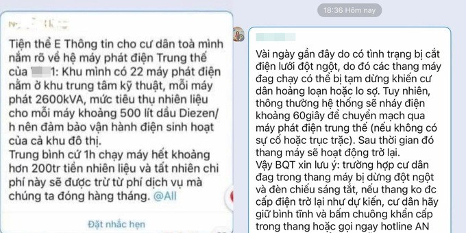 Các thông báo chị My nhận được về việc vận hành máy phát điện tại khu chung cư (Ảnh: NVCC).