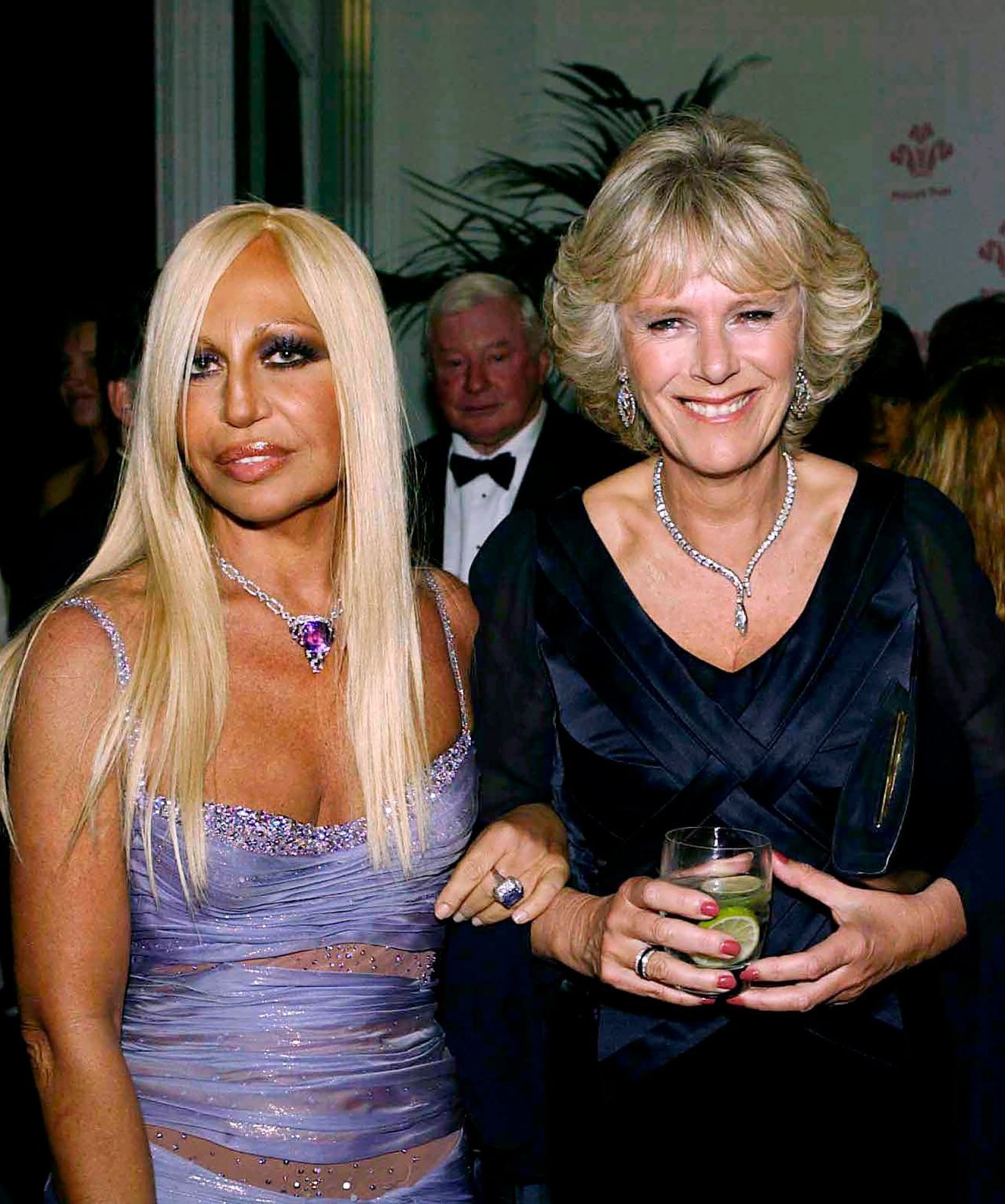 Năm 2003, tại buổi hòa nhạc "Fashion Rocks" của quỹ từ thiện Prince's Trust tại Royal Albert Hall (London), Camilla đứng cạnh huyền thoại ngành thời trang Donatella Versace. Bà chọn chiếc váy tối màu thanh lịch kết hợp vòng cổ hình rắn bằng kim cương yêu thích. Ảnh: Getty Images. Năm 2003, tại buổi hòa nhạc "Fashion Rocks" của quỹ từ thiện Prince's Trust tại Royal Albert Hall (London), Camilla đứng cạnh huyền thoại ngành thời trang Donatella Versace. Bà chọn chiếc váy tối màu thanh lịch kết hợp vòng cổ hình rắn bằng kim cương yêu thích. Ảnh: Getty Images.