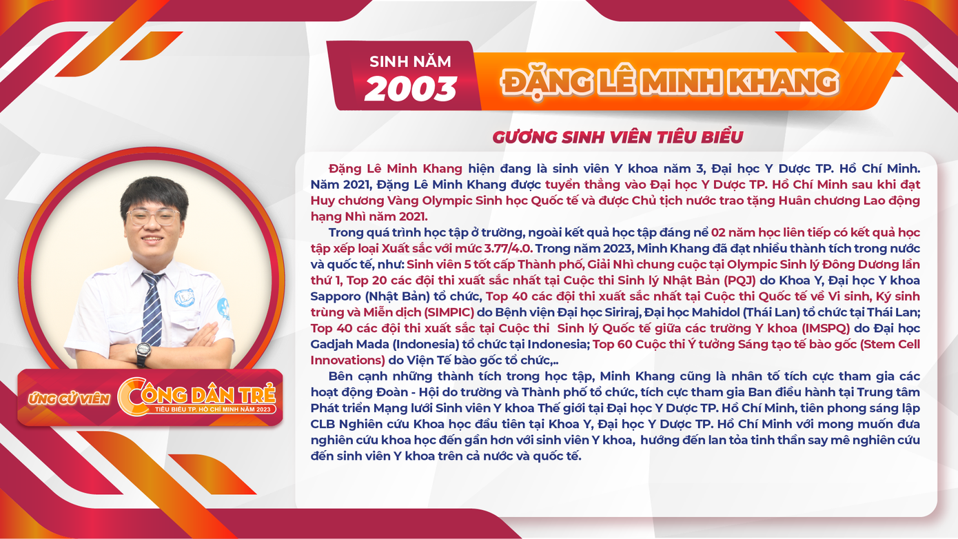 Đặng Lê Minh Khang (sinh viên trường ĐH Y Dược TP. HCM) là một trong 14 ứng viên trong đợt bình chọn này. (Ảnh: Thành Đoàn)