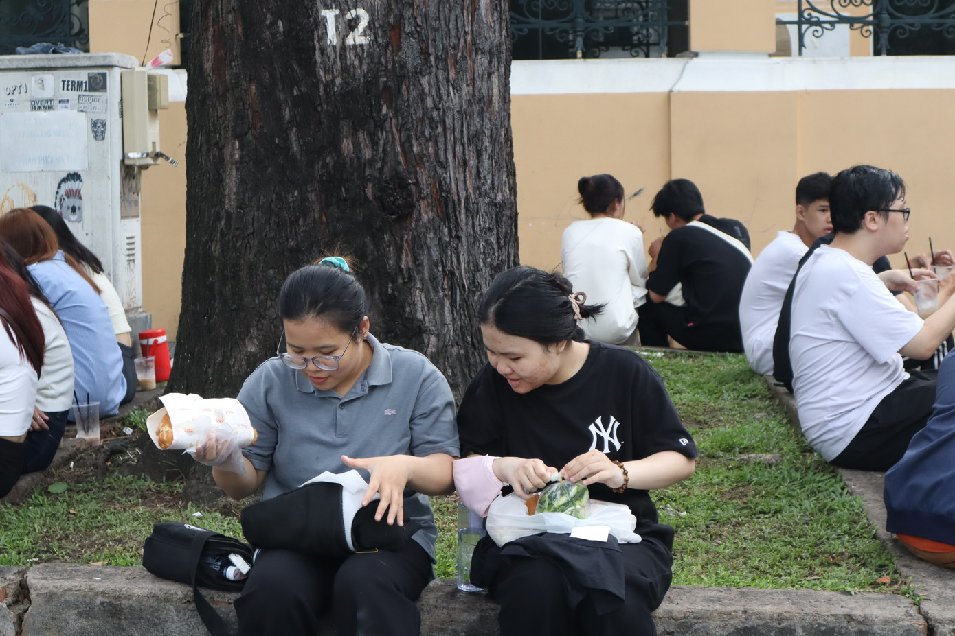 Những nhóm bạn trẻ vừa trò chuyện, vừa ăn sáng cùng nhau.